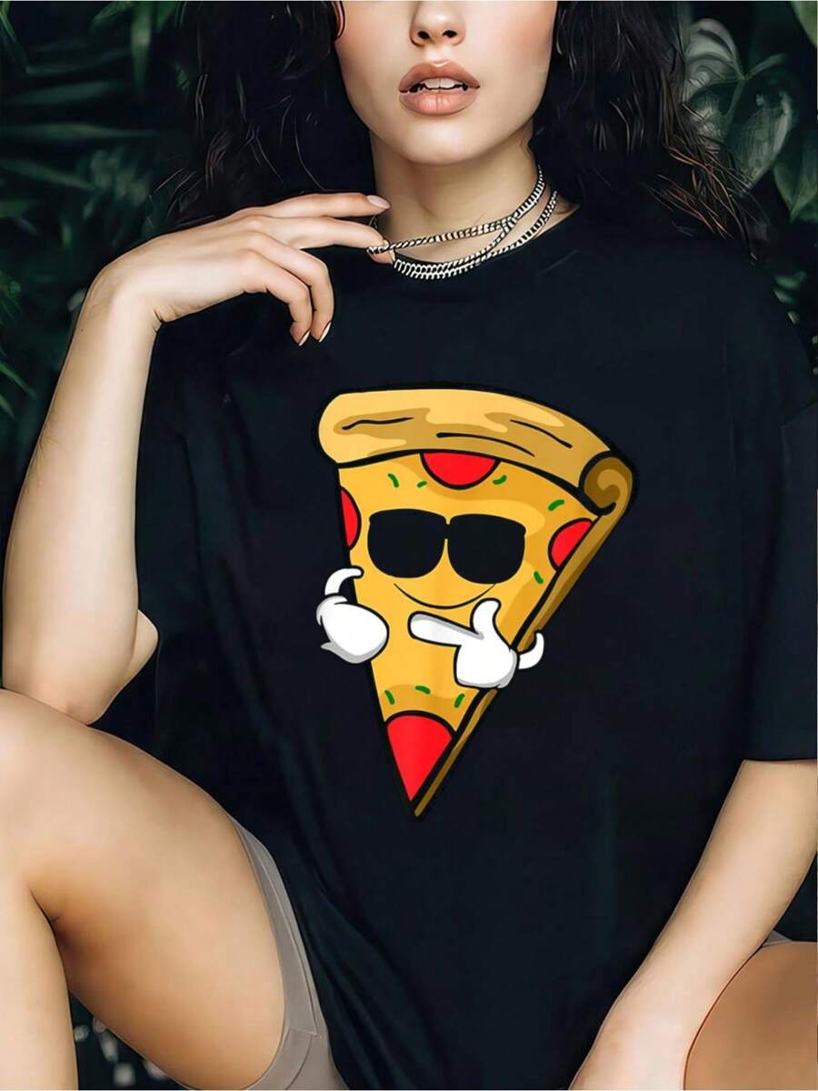 Cool Pizza T Shirt Gift Boys Girls Women Men T-Shirt - 100% Cotton  Women's Casual Short Sleeve Crew Neck T-Shirt For Spring & Summer - Comfortable, Relaxed Fit, Printed Graphic Tee For  Sport Lovers - 黑色 - 查看 1