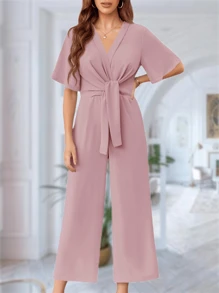 Larisa Womens Wide Leg Jumpsuit Short Sleeve Tie Knot Front Summer Long Romper Stylish Outfit - Hồng - Xem 1