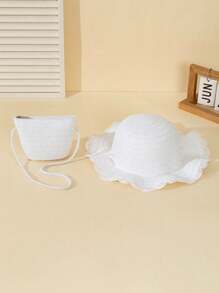 2pcs/Set White Summer Wave Beach Sun Hat & Straw Crossbody Wallet Set, Sweet Style For Daily, Holiday, And Travel