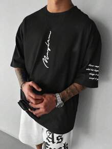 男士休闲英式图案圆领短袖 T 恤，百搭日常穿着 - 黑色 - 查看 1