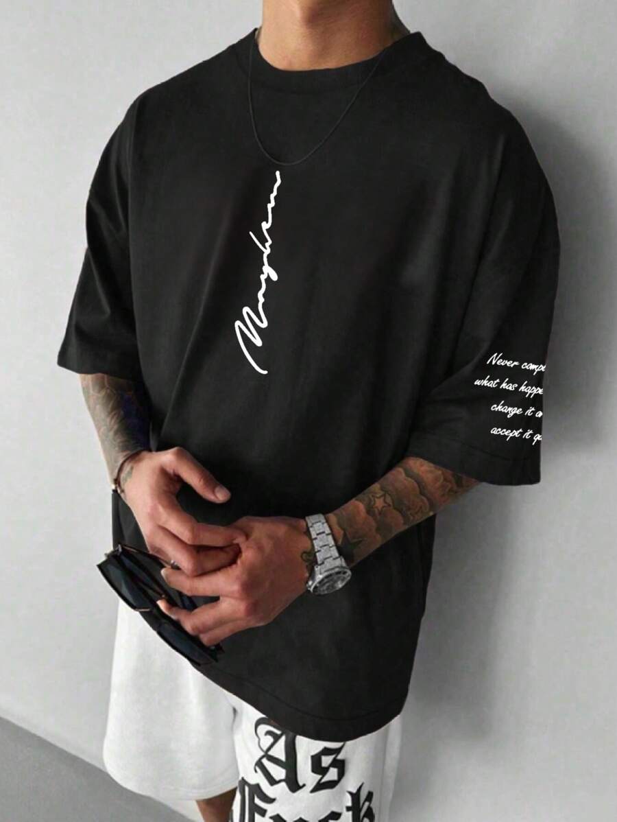 男士休闲英式图案圆领短袖 T 恤，百搭日常穿着 - 黑色 - 查看 1