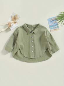 Tops de verano para niños pequeños y bebés, camisas de manga corta con cuello de solapa y botones de color liso - verde oliva - Ver 2