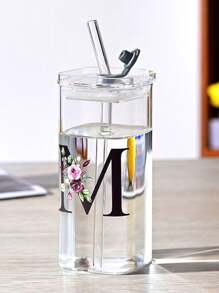 1pc A-Z Flower Letter Pattern Square Glass Cup, Simple And Heat-Resistant Flat Bottomed Cup For Office And Household Use, Milk Coffee Cup With Square Mouth, Bridesmaid Gift, Birthday Gift