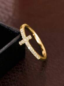 rundraw 1pc Elegant Commitment Ring, Fashionable Silver/Gold Color Cross Design Inlaid With Sparkling Cubic Zirconia Engagement/Wedding Ring, Luxury Shiny Bridal Jewelry - Gold - View 12