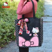 Sanrio حقيبة كانفاس واسعة السعة مع بطانة نايلون، بتصميم نقطي، بطبعات كرتونية أنمي جذابة، بسحاب إغلاق، سهلة العناية، حقيبة كتف عصرية