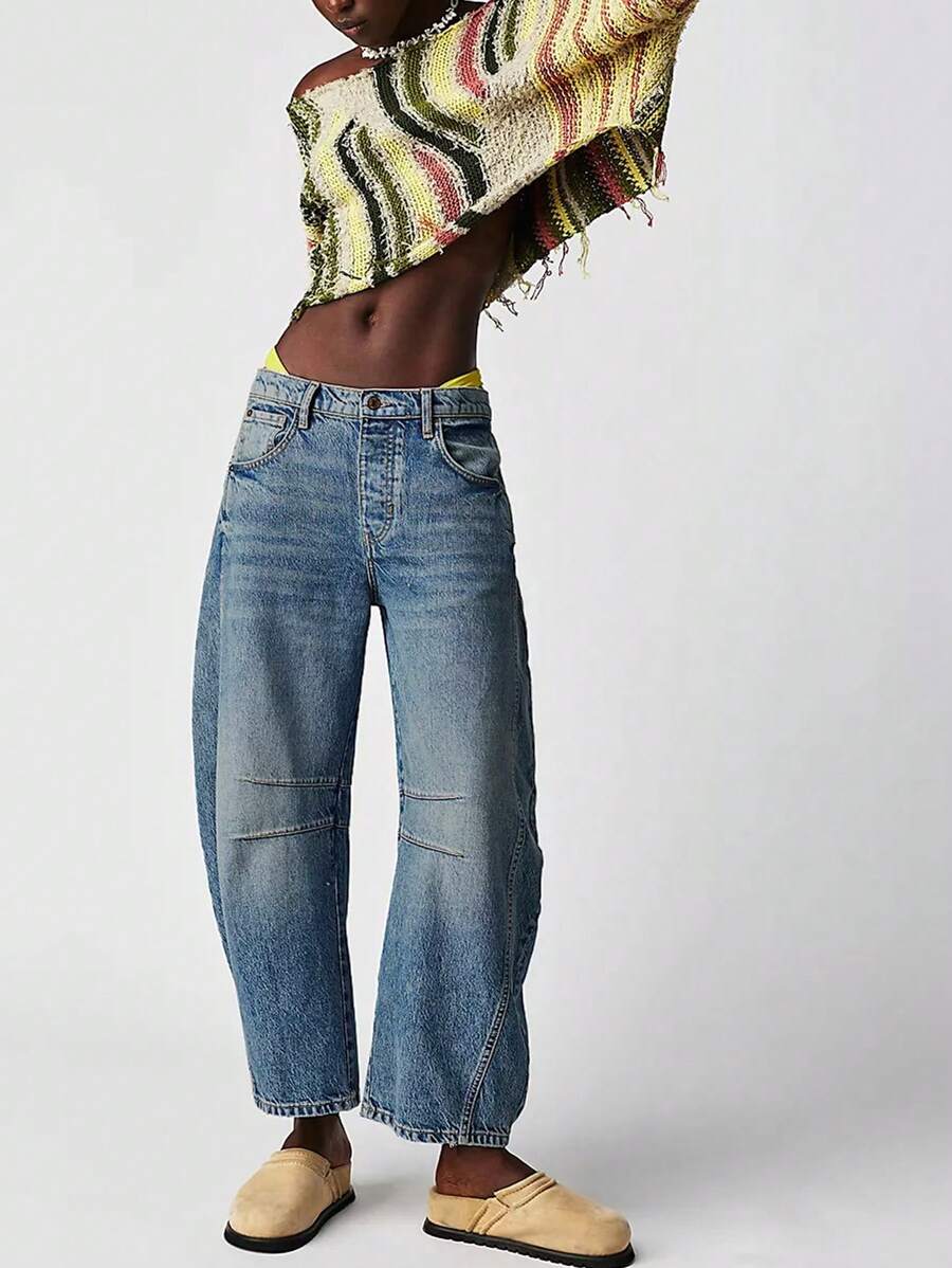 Women's Baggy Boyfriend Jeans Vintage Wide Leg Mid Rise Barrel Denim Ankle Pants - Rửa tối - Xem 1
