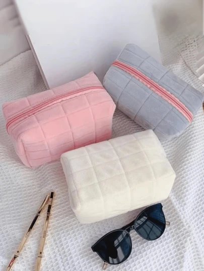 1pc Portable Cosmetic Bag, Women's Makeup Pouch, Solid Color Zipper Toiletry Bag, Makeup Storage Box, Travel Essentials, Zipper Pocket For Lipstick, Makeup Brushes, Eyeshadow Or Skincare Products