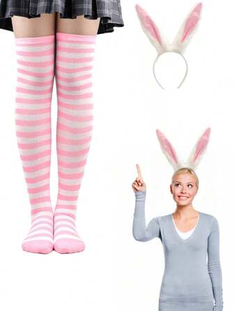 两件套 DAZCOSStriped 及膝袜，弹力针织长袜，适合复活节日常生活和角色扮演，兔耳朵头带万圣节