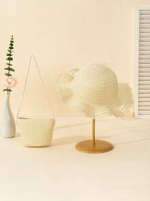 2pcs/Set White Summer Wave Beach Sun Hat & Straw Crossbody Wallet Set, Sweet Style For Daily, Holiday, And Travel