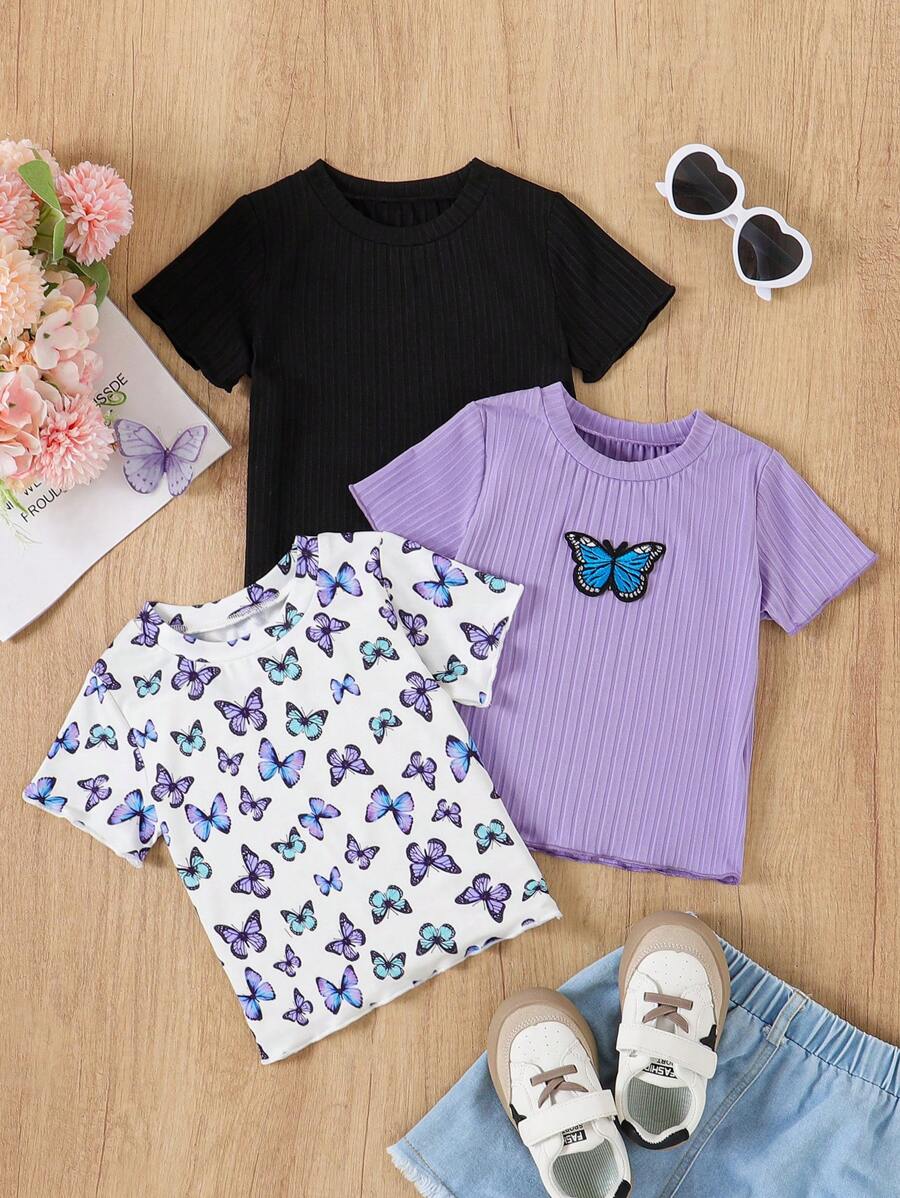 3pcs/Set Baby Girls Casual Cute Butterfly All Over Print Solid Ribbed T-Shirt Set - Black - View 1