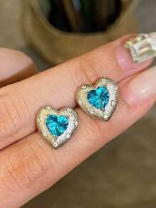 3pcs Set (Can Be Sold Separately) Luxury Vintage Elegant Paraiba Tourmaline Style Heart Shaped Ring, Necklace, Earrings With Zirconia Stone, Women Jewelry Suit, Suitable For Daily, Wedding, Party, Gift