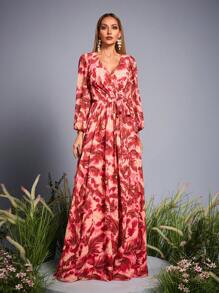 Mgiacy-Floral New Arrival V Neck Romantic Bridesmaid Dress Printed Ruched Belt Chiffon Long Dress - Red - View 1