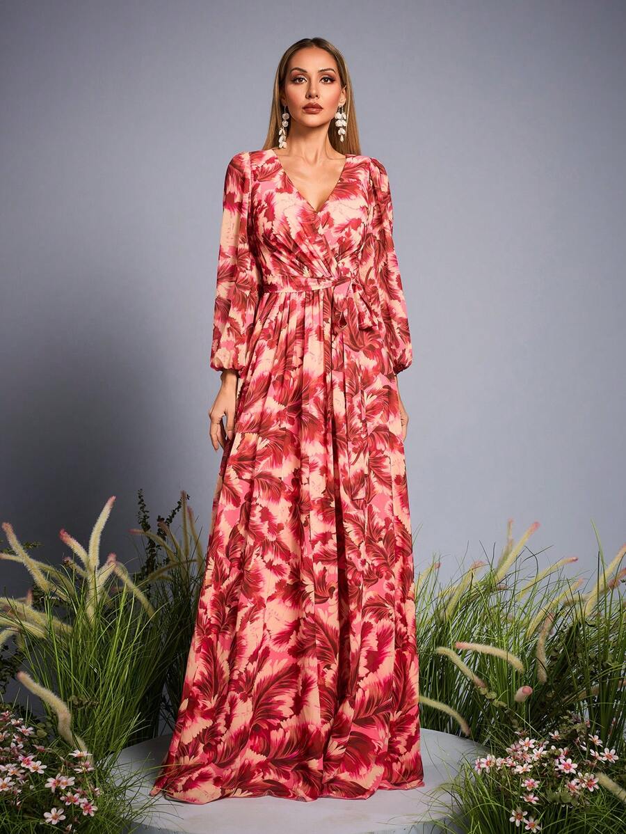 Mgiacy-Floral New Arrival V Neck Romantic Bridesmaid Dress Printed Ruched Belt Chiffon Long Dress - Red - View 1