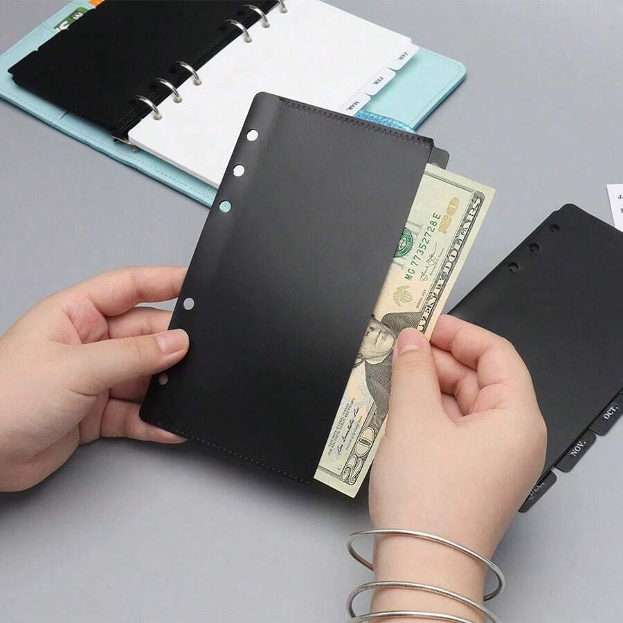 1 Set A6 Loose Leaf Binder, Black & White Budget Envelope Bags, Transaction Card Holder, Household Account Book, 6-Ring Receipt Binder Refill, Index Hard Plastic PP Loose Leaf Envelope Bags, Notebook Accessories, Convenient File Folder For School, Saving, Organization, Office, Study - Multicolor - View 1