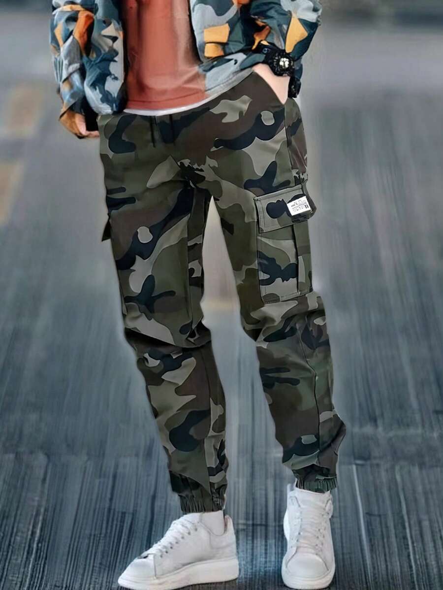 Men's Camo Tactical Cargo Pants, Multi-Pocket, Lightweight, Outdoor, Spring/Autumn - Army Green - View 1