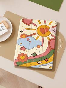 Cartoon Heart Flower Flat Beschermhoes Compatibel met iPad Air4/5 10.9 Inch, iPad 7/8/9th 10.2 Inch, Ingebouwde Pensleuf Compatibel met Samsung Tab S6 10.4 Inch, Tab A7 Lite 8.7 Inch, Ins Stijl Leren Hoesje, Terug Naar School, Valentijnsdag, Nieuwjaarscadeau
