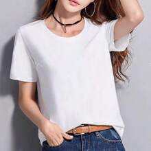 Maglietta casual da donna a maniche corte, girocollo monocolore, top estivo, collo lavorato con cura