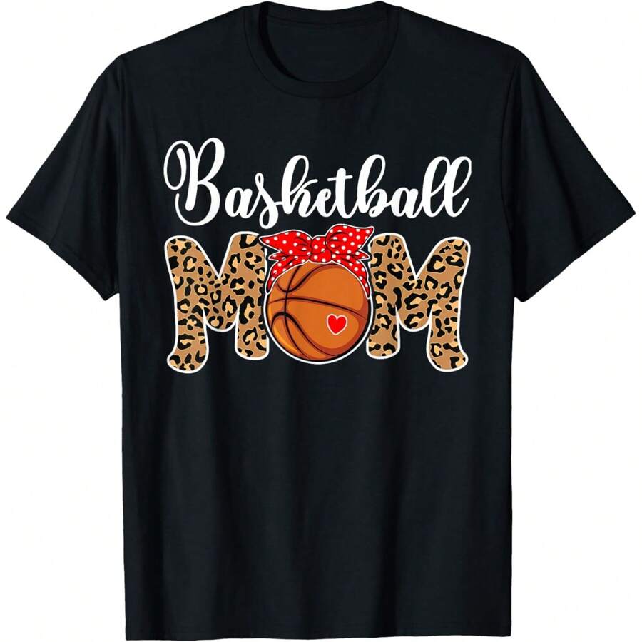 Basketball Mom Leopard Messy Bun Game Day Funny Mothers Day T-Shirt - Black - View 1