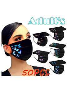 50pcs Color Butterfly Print Black Model Women's Adult Mask Disposable Three-Layer Spunlace Non-Woven Protective Skin-Friendly Mask - Women's Butterfly Multicolor Mask - View 7