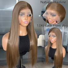 棕色 13x6 合成蕾丝前假发，女士款，22 英寸长直发，无需胶水，采用 Kanekalon 纤维制成，耐高温，自由分缝，150% 密度，蕾丝区域，预先拔毛，自然发际线，无需胶水，耐热纤维前蕾丝假发，适合时尚女性、女孩、派对、度假、演出、化妆、日常佩戴 - 棕色 - 查看 2