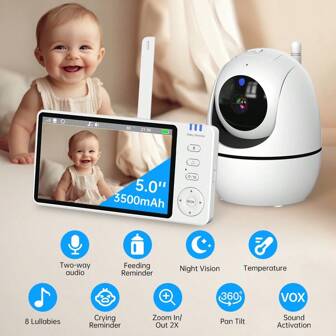 5 Inch Baby Monitor Camera, Big Rechargeable Screen, 2.4Ghz Wireless Video Camera, PTZ Camera, Two-Way Audio, Temperature Alert, 8 Soothing Lullabies, Night Vision, Crying Reminder, Breast Feeding Reminder, Baby Care Sleep Monitor, USB Charge Cables For Power Supply, For Indoor, Home, Nursery Use