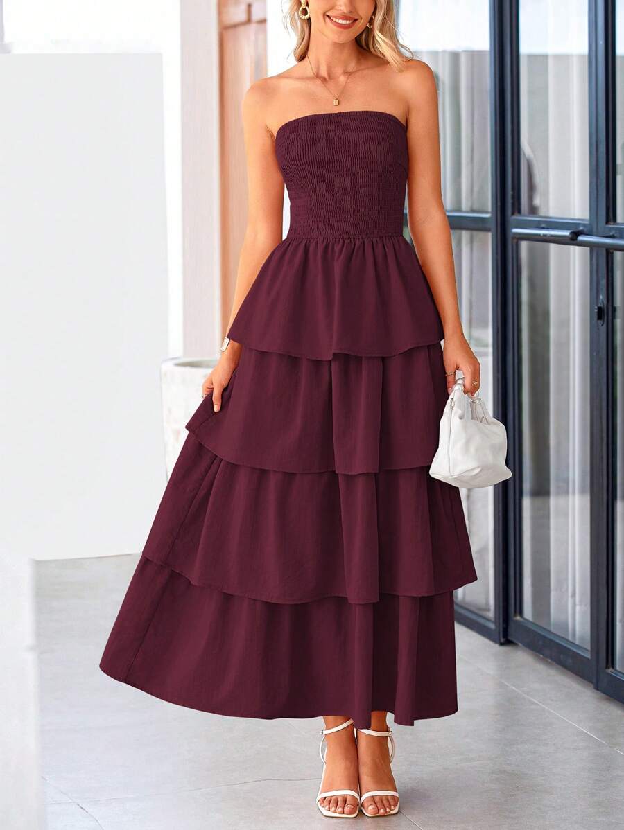 Valentine's Day  Ladies Elegant Summer Off-The-Shoulder Frilly Layered Cake Dress Long Flowing Dress Casual Beach Sundress - Burgundy - View 1