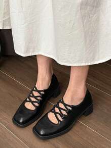 Women's Ballet-Inspired Vintage French Elegant Criss-Cross Elastic Strap Mary Jane High Heels, Square Toe Low-Cut Slip-On Pumps