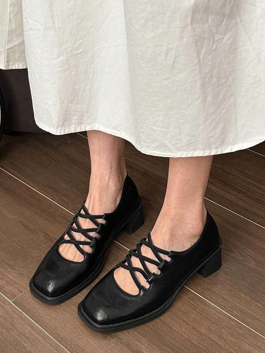 Women's Ballet-Inspired Vintage French Elegant Criss-Cross Elastic Strap Mary Jane High Heels, Square Toe Low-Cut Slip-On Pumps