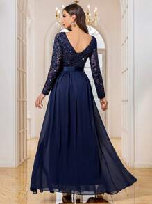 MIUSOL Vestido largo de gasa con cuello en V profundo, manga larga, con encaje y lentejuelas con estampado floral, vestido formal elegante para fiesta de noche, boda o invitado de primavera - Azul Marino - Ver 3