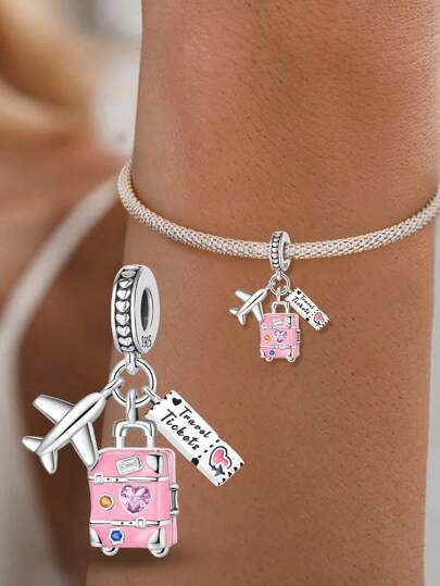 1pc 925 Sterling Silver Fashion Pink Gemstone Suitcase Charm, Suitable For Women Bracelets, Bangles, DIY Jewelry Making And Daily Outfit Accessories, Suitable For Girls Wearing