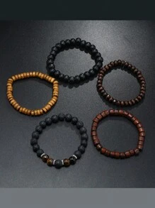 5pcs/Set Vintage Casual Men Beaded PU Leather Bracelet Set, Accessory For Everyday Wear, Sports, Gift For Boyfriend - 5-piece Set-5893201 - View 5
