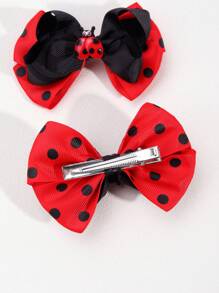 2pcs Ladybug & Glitter Bow Hair Clips, Cute Girls Hair Accessories - Multicolor - View 6