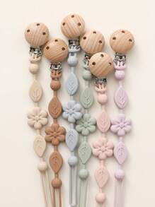 1pc Silicone Chupeta Clips Para Bebê, Flor Design Chupeta Clips, Macio Flexível Binky Clips Com Textura Para Bebê Menino E Menina - Bege - Ver 5