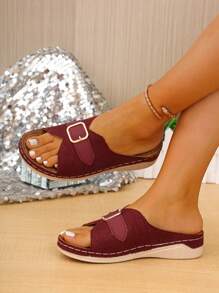 New Red Women's Platform Wedge Open Toe Sandals, Colorful Block Hollow-Out Slide Slippers, Casual Summer Outdoor Style, Hollow Design, Suitable For Indoor & Outdoor Activity, Fashionable Wedge Heel Design Women Shoes