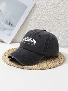 1pc Unisex Casual "Michigan The Great Lakes State" Washed Letter Printed Adjustable Baseball Cap, Outdoor Sports Fashion Streetwear Head Accessory, All Season
