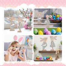 1 Pair 8x18cm Wooden Easter Bunny Decor, Hand-Painted DIY Wooden Craft Tabletop Bunny Figurines