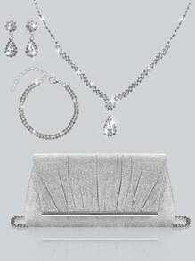 Shiny And Elegant Pleated Women's Evening Bag With Charming Rhinestone Pendant Necklace, Bracelet, Earrings, Gorgeous And Exquisite Party Clutch, Perfect Purse For Party Girls, Brides, College Students, Shoulder Crossbody Bag With Detachable Metal Chain, Perfect For Prom, Banquet, Party, Wedding, Holiday Party, Best Gift