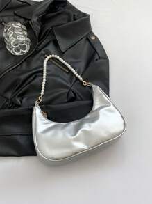 1pc Fashionable Pearl Chain Crescent Shoulder Bag, Stylish Shoulder Baguette Bag, Handheld Small Bag, Outdoor Casual Bag, Versatile Work Bag, Elegant Pearl Bag - Silver - View 7