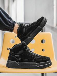 British Style Black PU Skateboard Shoes For Teenagers, Men Black Suede Round Toe High-Top Lace-Up Dress Shoes