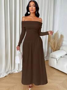 abyoxi Solid Color Off-The-Shoulder Pleated Asymmetrical Waist Long Sleeve High Elegance Women's Long Dress For Party Dates, Back To School, Fall/Winter Clothes For Women