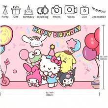 Sanrio 1 pezzo Striscione decorativo con sfondo di gruppo fotografico a tema cartoni animati per festa di compleanno, perfetto come decorazione per festa a tema cartoni animati, tappezzeria per camera da letto, foto di gruppo, dimensioni 82,7*59,1 *39,4/39,4*29,5 pollici