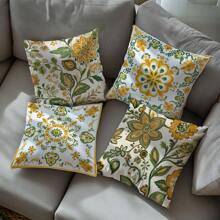 4pcs/Set Symmetric Yellow Floral Cushion Cover, Single-Sided Printed Peach Velvet Material, 45*45CM/18*18inch, Decorative Throw Pillow Case For Modern Fabric Sofa, Indoor Decor, Party Decor, Gift