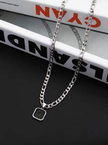 1 件简约朋克方形黑色油画吊坠不锈钢链项链，男士休闲通勤商务配饰 - 銀色 - 查看 4