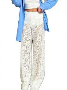 Women Wide Leg Lace Pants Casual Loose Sheer Lace High Waist Trousers For Work Office Streetwear - White - View 7