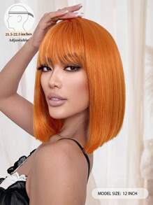 Peluca corta y recta de pelo sintético con flequillo, color naranja, para uso diario, fiestas, festivales de música de primavera, de 12 pulgadas