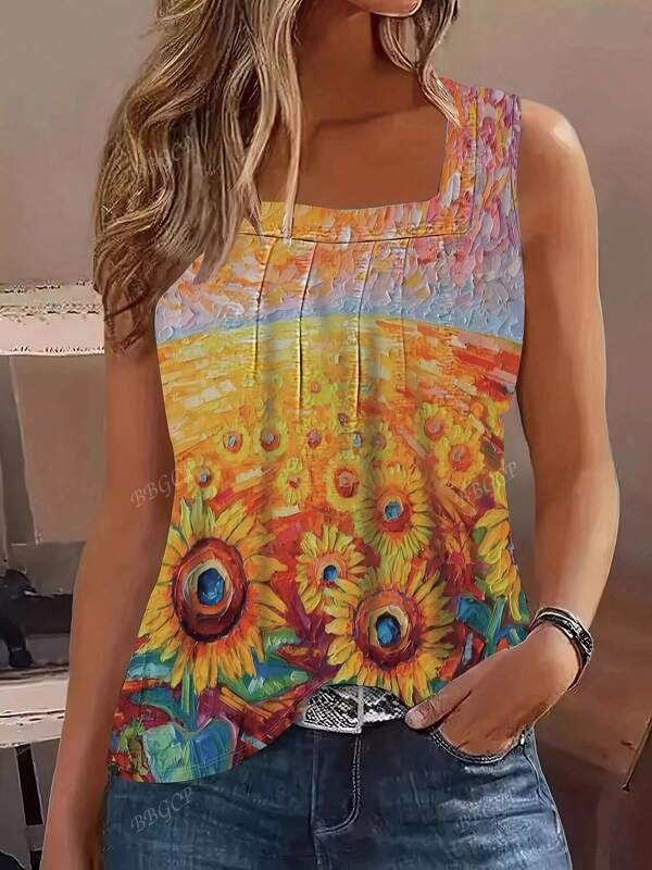 Plus Size Vrouwen Zomer Kleurrijke Zonnebloem Print Tanktop