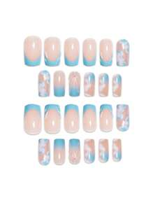 1 Box Of 24pcs Coffin Shaped French Manicure Nails, Blue White Ombre Marble Texture, 3D Striped & Shell Pattern Press On Nails Set, Removable Designed For All Girls And Women, Comes With Nail File