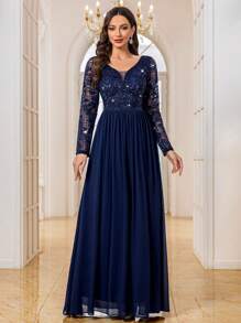 MIUSOL Vestido largo de gasa con cuello en V profundo, manga larga, con encaje y lentejuelas con estampado floral, vestido formal elegante para fiesta de noche, boda o invitado de primavera - Azul Marino - Ver 7