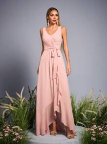 Mgiacy New Arrival V Neck Solid Color Bridesmaid Dress Ruched Ruffle Belt Chiffon Long Dress - Pink - View 3