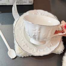 Conjunto de Xícara e Pires de Cerâmica com Alívio de Anjo, Xícara de Café e Chá da Tarde Vintage, Estilo Palaciano Europeu, Presente de Aniversário